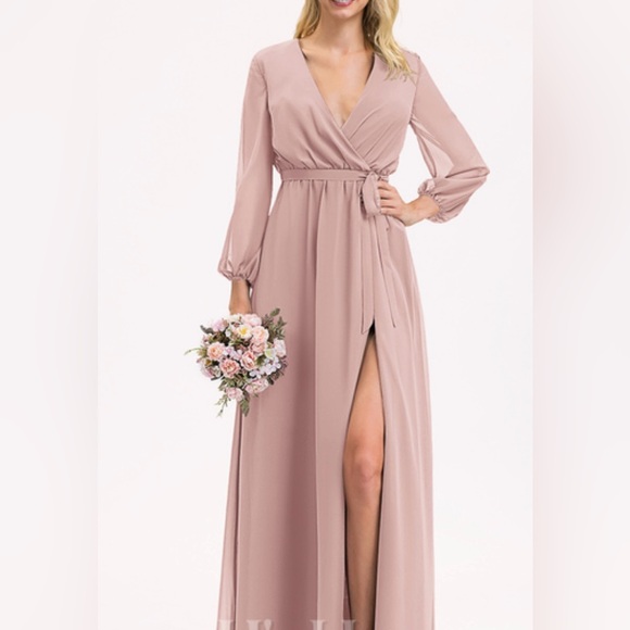 JJs House Dresses & Skirts - A-Line V-Neck Floor Length Chiffon Dress with Bow Pleated Size 16